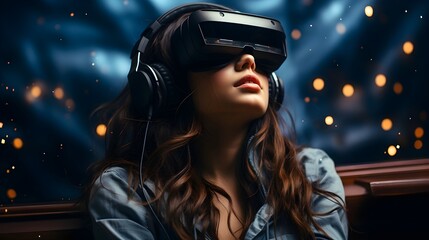 Digital Immersion: Woman in VR Headset Engrossed in a Virtual World