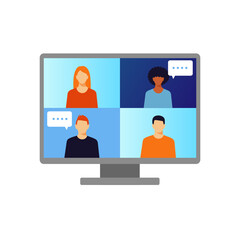 Online meeting. People communicate with each other by video connection