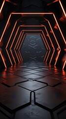 Naklejka premium Dark empty triangular interior, neon, concrete, reflection. Generation AI