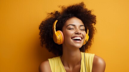 Smiling woman in headphones, yellow background, happy african american woman