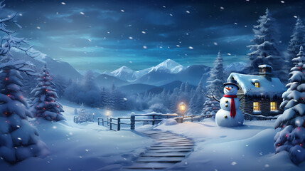 Beautiful cartoon snowman and xmas cottage in snowing landscape , Christmas wallpaper card graphic assets , Christmas celebration 