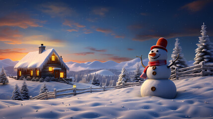 Cartoon Snowman and cottage evening sunset sky, snow landscape, beautiful snow cottage with lights, xmas card 