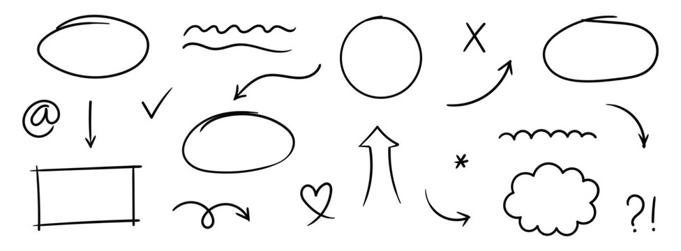 Hand drawn line arrow, sketch underline, round frame element set. Scribble sketch pencil stroke circle frame, heart, doodle graphic element. Vector illustration