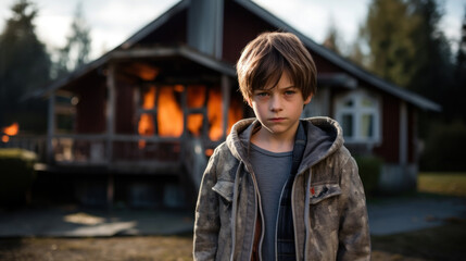 Small boy and burning house in the background