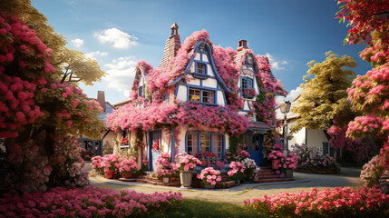 Imaginary fantastic farm house in flowers