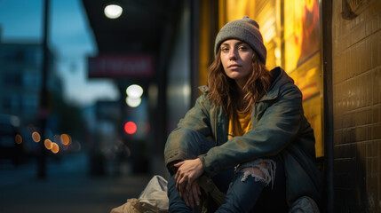 Young homeless woman cold and lonely in the street at night - obrazy, fototapety, plakaty
