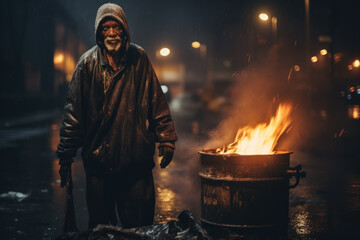 Homeless black man standing near barrel with burning litter in cold night - obrazy, fototapety, plakaty