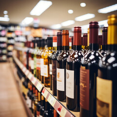 Rows of wine bottles on shelf in supermarket - obrazy, fototapety, plakaty