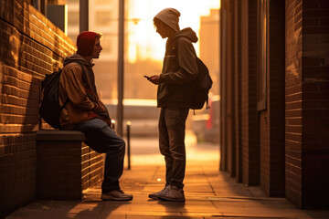 Two young guys talking in the side-street, evening sunset - obrazy, fototapety, plakaty