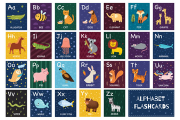 Alphabet flashcards collection with cute animals. ABC flash cards set for practicing reading skills. Great for school and preschool. Vector illustration - obrazy, fototapety, plakaty