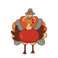 Thanksgiving turkey image funny cute. For greeting cards design. Vector illustration.