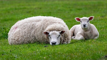 Fototapeta premium White lambs lying on a grassy meadow, basking in the sun of a beautiful spring day