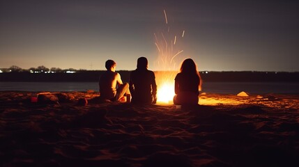 Inviting campfire on the beach during the summer, bring back fond memories. Fun and good times at the lake or sea. - obrazy, fototapety, plakaty