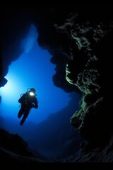 Scuba diving in undersea. Underwater cave diving.