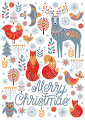 Cute animals and birds in a fabulous forest. Deer, owl, foxes, birds, flowers, spruce. Poster, postcard. A set of characters and decorative elements. The inscription Merry Christmas.
