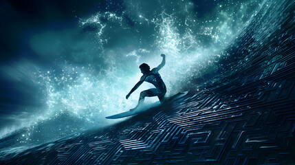 Fearless man surfing on an artificial ocean made of blue geometrical patterns: epic metaphor for...