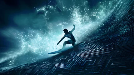 Türaufkleber Fearless man surfing on an artificial ocean made of blue geometrical patterns: epic metaphor for human in control of technology © Giotto