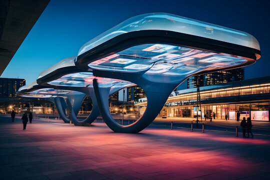 Smart city concept: futuristic structure with curved glass roof and digital screens outside of a station with people walking by.
