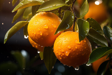 Rain-soaked Oranges Illuminated in Evening Light.