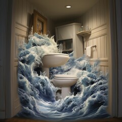 a bathroom with a sink and a toilet in water - obrazy, fototapety, plakaty