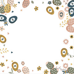 Fototapeta na wymiar Happy Easter Banner. Pattern of eggs, flowers and twigs. For card, banner, poster, flyer, and web. Spring Festival. Vector illustration