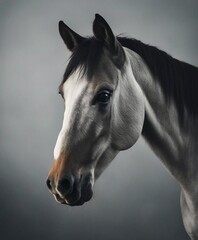 portrait of a strong and muscular racehorse, grey background
