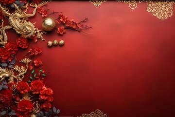 Obraz na płótnie Canvas Chinese New Year border with dragon , dark red background for flat lay, generative ai