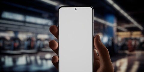 CU Caucsaian man using phone in a gym, coachint training sports app mockup