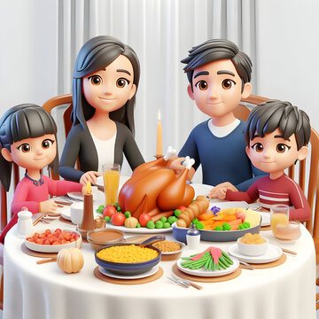 3D Family Having Thanksgiving Dinner