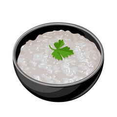 Vector illustration, rice porridge in a bowl, with parsley leaves garnish, isolated on white background.