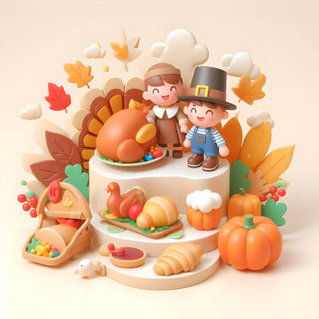 3d Thanksgiving Celebration Photo with Leaves and Clouds