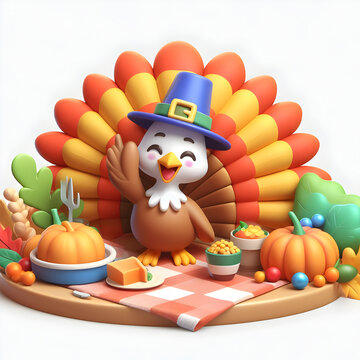 3D Thanksgiving Colorful Turkey Cartoon Style