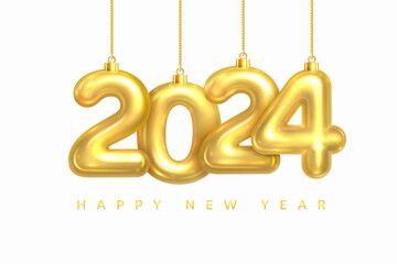 2024 New Year card. Design of Christmas decorations hanging on a gold chain gold number 2024. Realistic 3D vector illustration