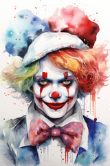 Cute clown portrait in watercolor style with white background