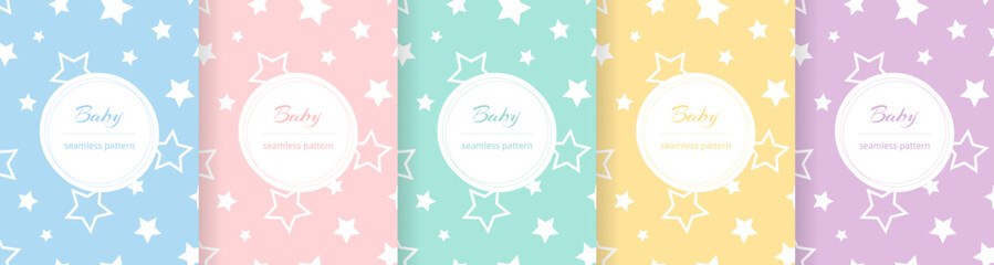 Cute baby seamless pattern. Repeating kid pattern. Girls and boys prints design. Repeated wallpaper. Pastel line. Repeat child background. Soft blue, pink, yellow, green color. Vector illustration