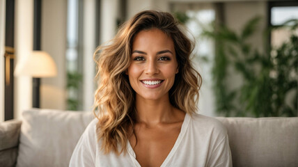 Fototapeta premium Happy latin woman relaxing on sofa at home, portrait of smiling woman enjoying looking at camera on sofa, hHealthy lifestyle