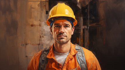Portrait of a construction worker. Male builder in yellow helmet. Warehouse worker in uniform. Colorful background. Created using AI generation  