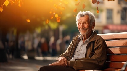 Happy senior man sitting on the bench at the cozy park. - obrazy, fototapety, plakaty