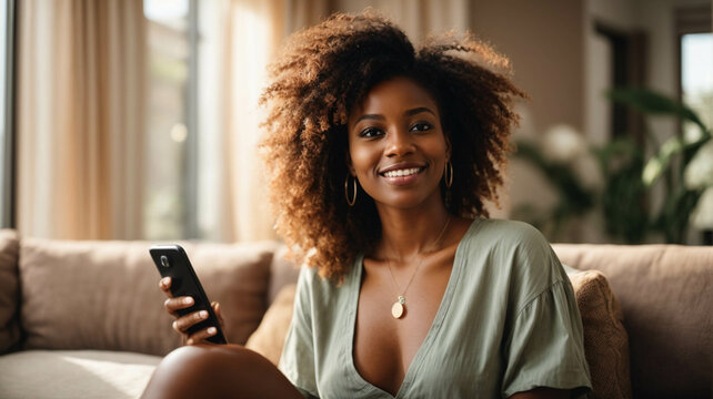 Smiling independent African American young woman browsing social media on a cell phone in the comfort of her home