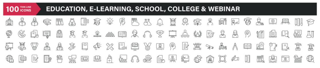Education, e-learning, school, college, and webinar thin line icons. Editable stroke. For website marketing design, logo, app, template, ui, etc. Vector illustration.