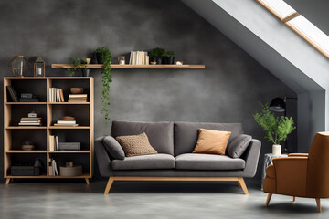 Sofa and lounge chair against grey wall with rustic shelf