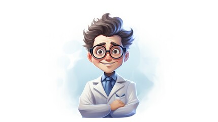 Cartoon mascot of a doctor wearing a coat and glasses on a transparent white background - obrazy, fototapety, plakaty