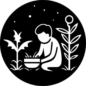 child planting in garden, black and white clip art preview