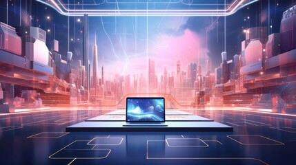 Digital presentation on illuminated laptop screen at night stage.