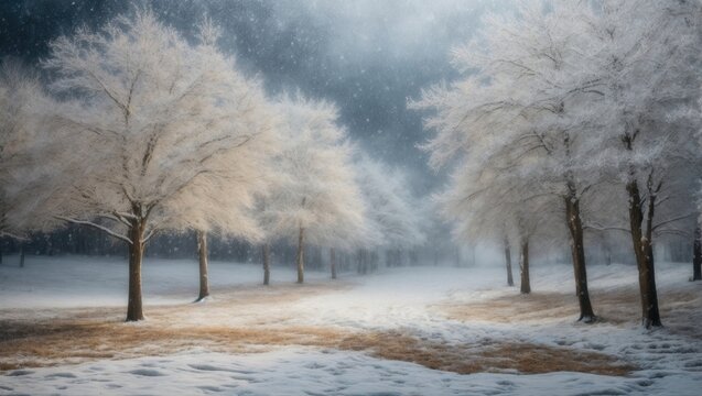 Winter trees dancing waltz snowfall