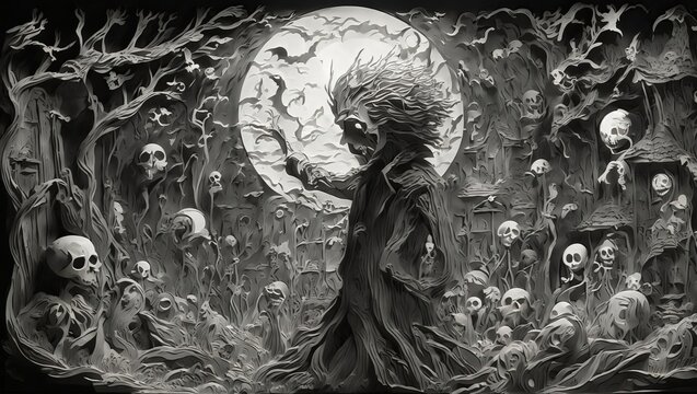 Dark trees moon kirigami. Scary man and skulls