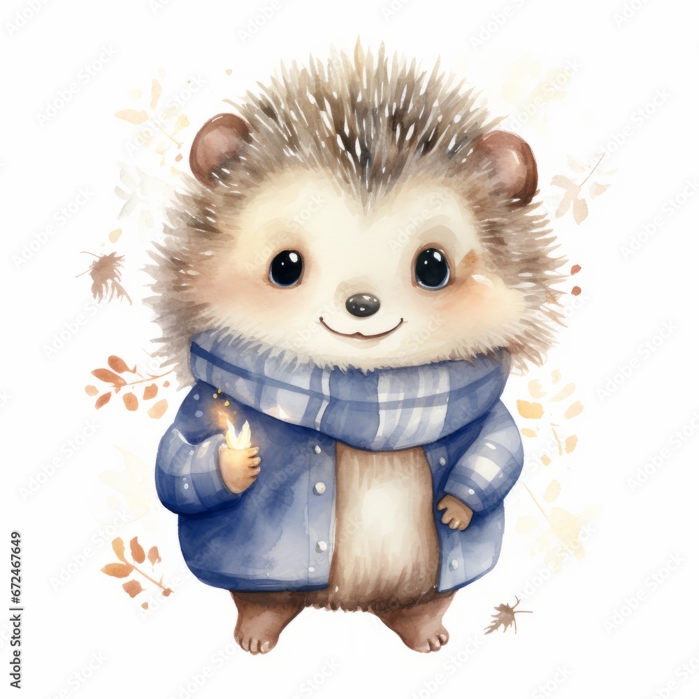 Poster a hedgehog wearing a blue coat and scarf