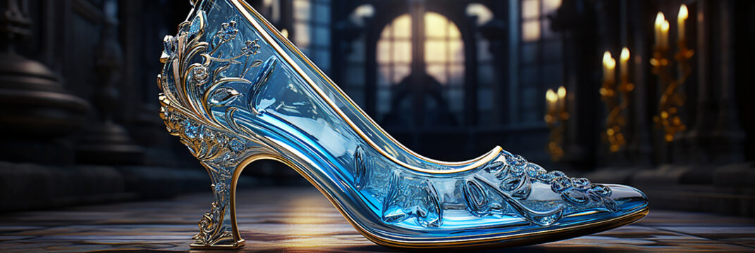 Image of one glass slipper in a castle.