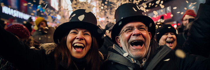 A senior couple smiles and cuddles during the New Year's countdown in Times Square.