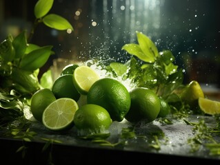 Fresh limes with mint and ice on dark background, closeup